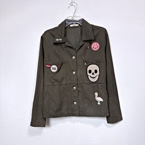 Mango Utility Jacket Skull Flamingo Patch Pins Green Y2K Streetwear Women M